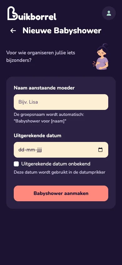 Formulier om een nieuwe babyshower aan te maken met naam en uitgerekende datum.