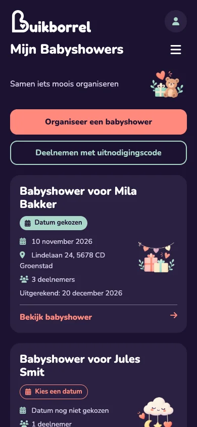 Dashboard met voorbeeldbabyshowers en de knop om een babyshower te organiseren.