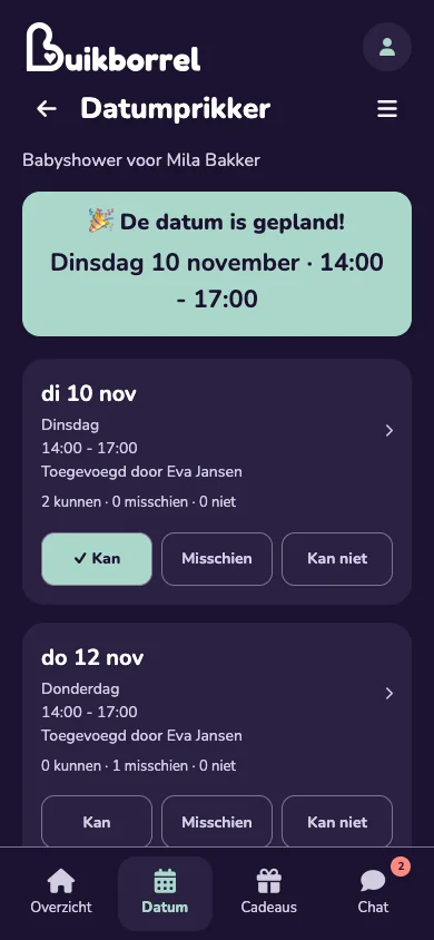 Datumprikker van Buikborrel met beschikbaarheidsknoppen en een gekozen datum.