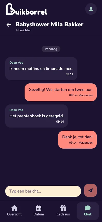 Groepschat van Buikborrel met voorbeeldberichten over muffins en een prentenboek.