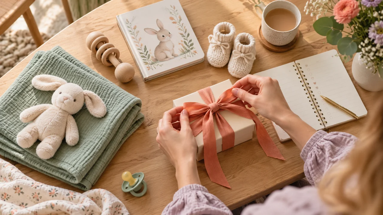 Babycadeaus en een cadeaulijst op tafel terwijl iemand een cadeau inpakt.