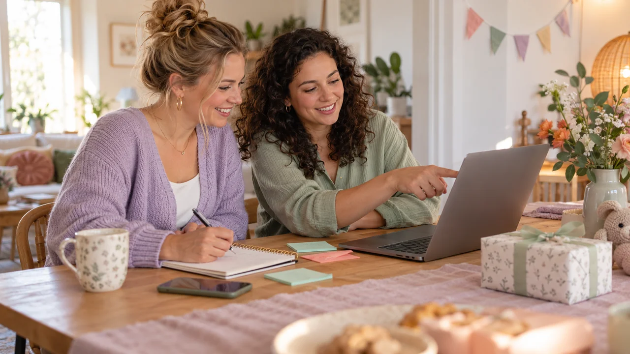 Twee vriendinnen plannen samen een babyshower met een laptop en notitieboek.