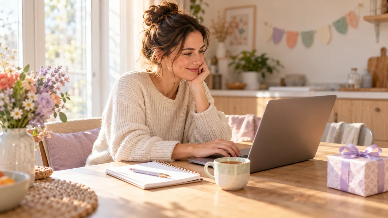 Een vrouw begint haar babyshowerplanning op een laptop met een notitieboek erbij.