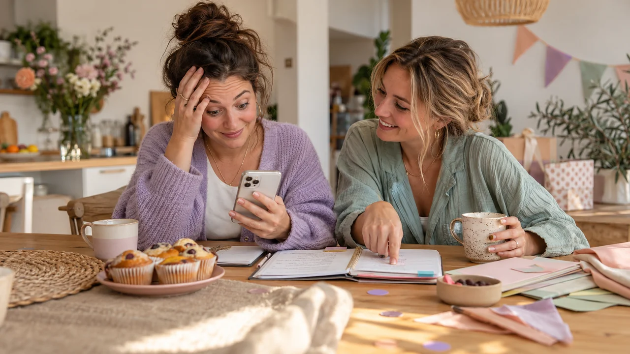 Twee vriendinnen bekijken een telefoon en een planning aan de keukentafel.
