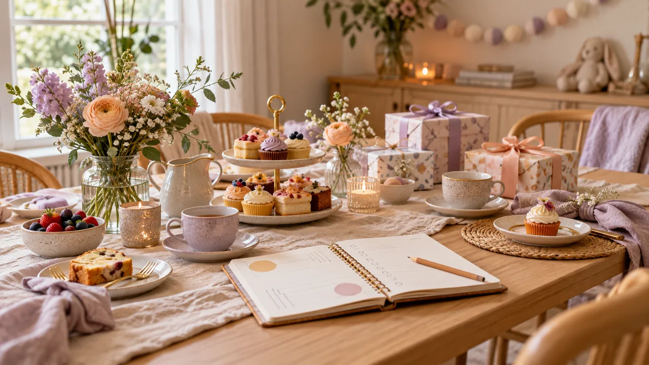 Feestelijk gedekte babyshowertafel met een open planner, cadeaus en gebak.