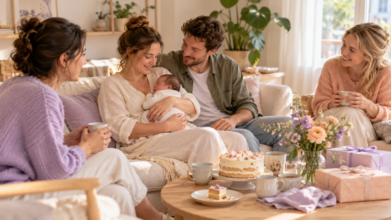 Ouders met hun baby ontvangen twee vrienden voor een kleine babyborrel met taart en cadeaus.