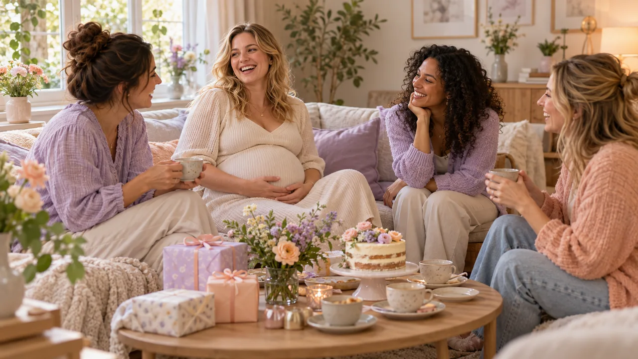 Een zwangere vrouw praat en lacht met drie vriendinnen tijdens een babyshower thuis.