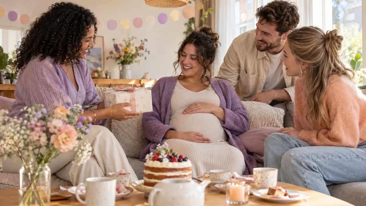 Een zwangere vrouw ontvangt een cadeau van vrienden tijdens een babyshower in een lichte woonkamer.